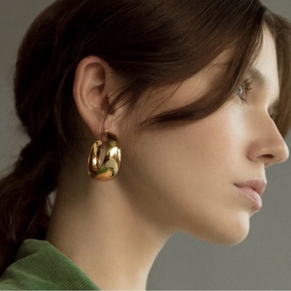 NEW 18k Gold Plated Paperclip Cc Stainless Steel Hollow Chain Hoop Earrings - Picture 4 of 4